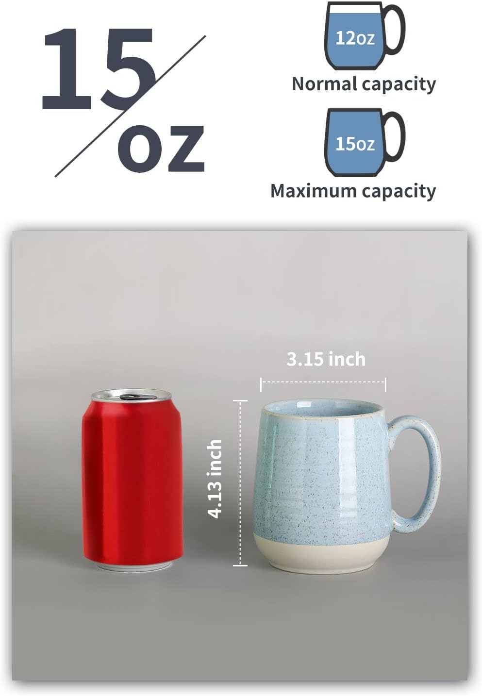 Porcelain Coffee Mugs Set of 6 15 Ounce Large Ceramic Coffee Cups with Handle for Latte, Tea, Cocoa & Hot Chocolate - Sky Blue Microwave Safe