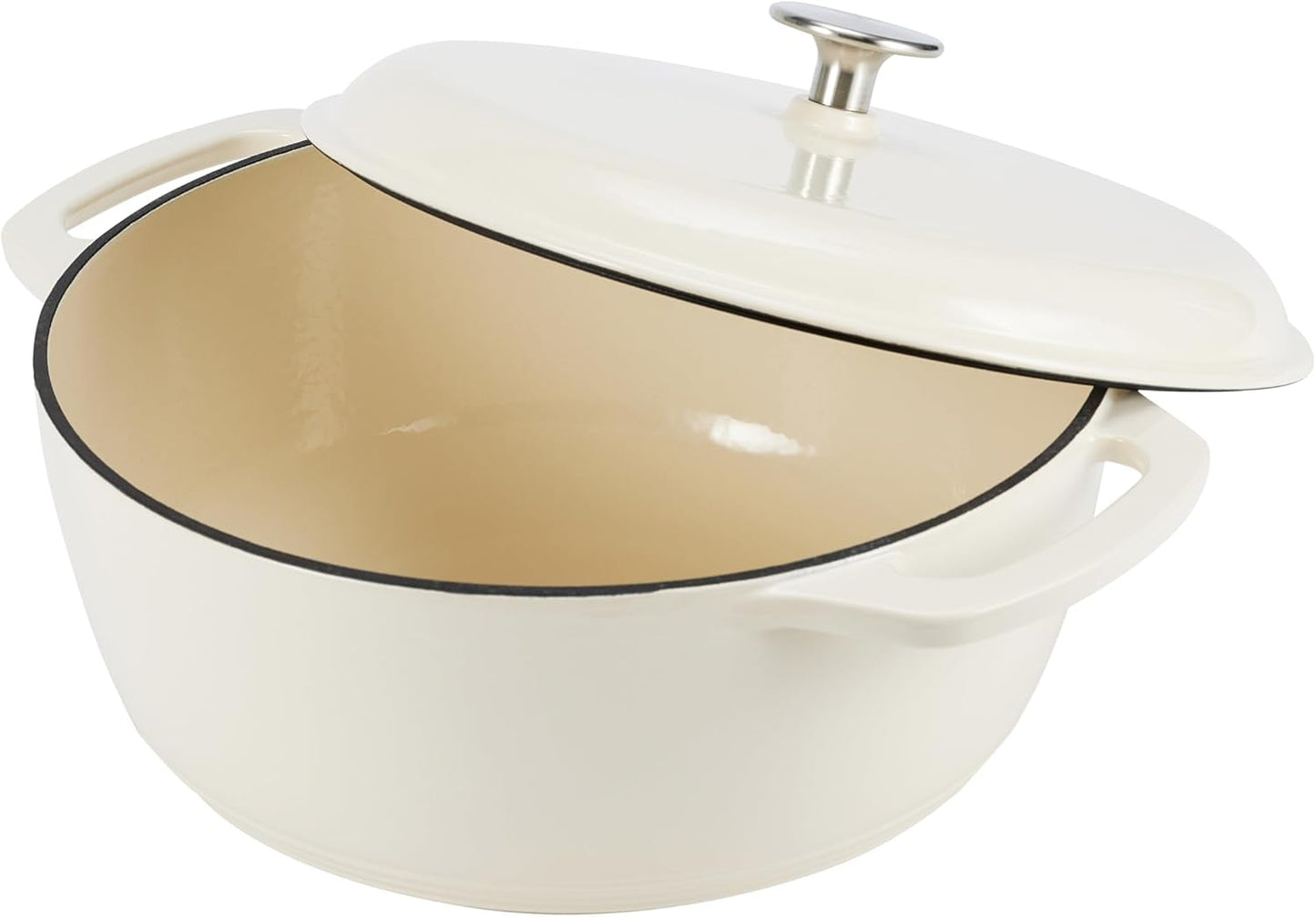 Iron Oven Pot with Lid, Enameled, Round, Dual Handles, Heavy-Duty, Small, 4.3-Quart, White