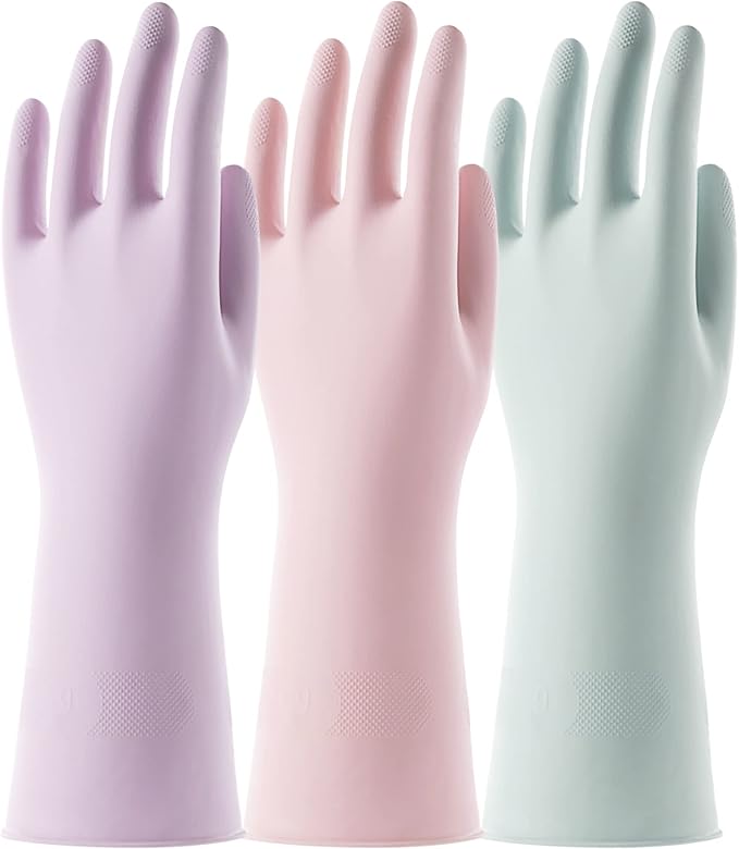 3 Pairs Colorful Household Gloves with Cotton Liner & Non-slip Grip, Water Resistant Reusable Dish Washing Rubber Gloves for Kitchen & Bathroom Cleaning, Medium