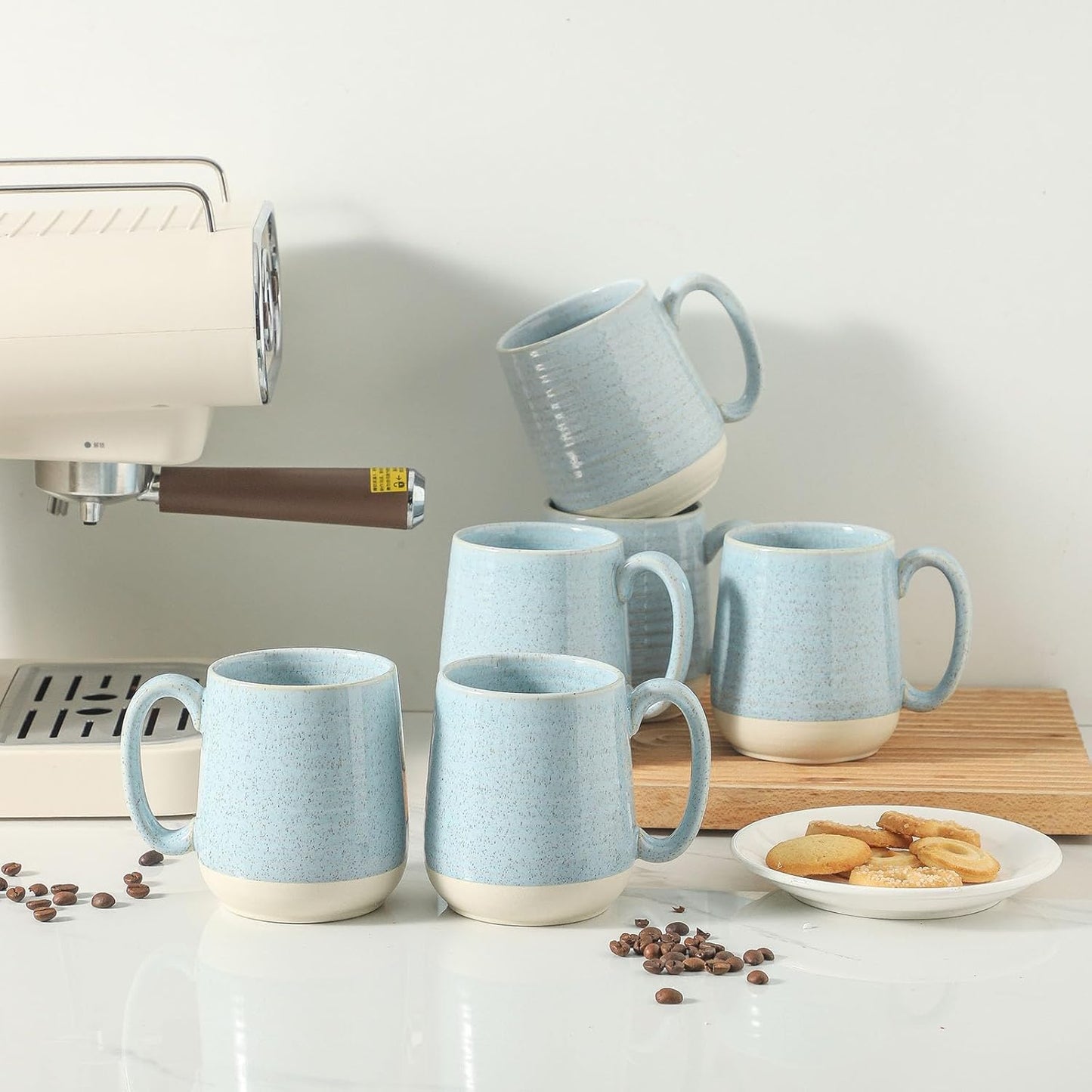 Porcelain Coffee Mugs Set of 6 15 Ounce Large Ceramic Coffee Cups with Handle for Latte, Tea, Cocoa & Hot Chocolate - Sky Blue Microwave Safe
