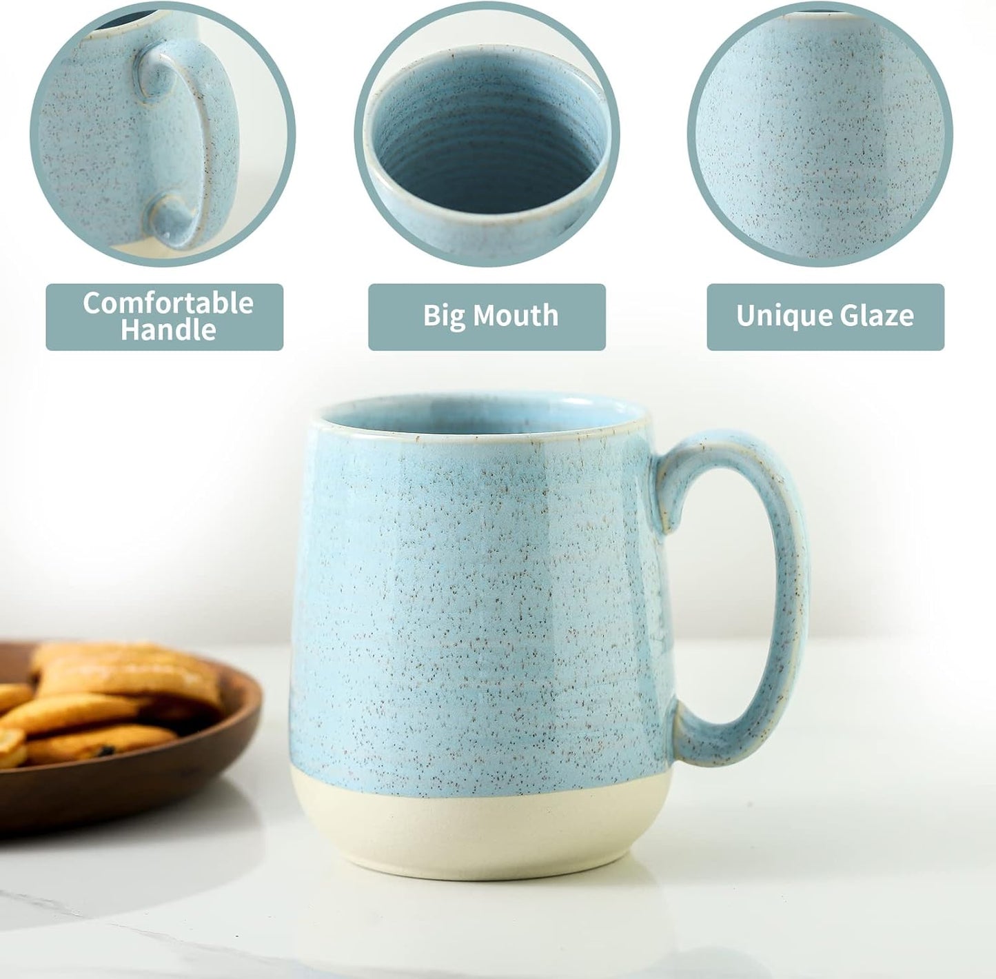Porcelain Coffee Mugs Set of 6 15 Ounce Large Ceramic Coffee Cups with Handle for Latte, Tea, Cocoa & Hot Chocolate - Sky Blue Microwave Safe