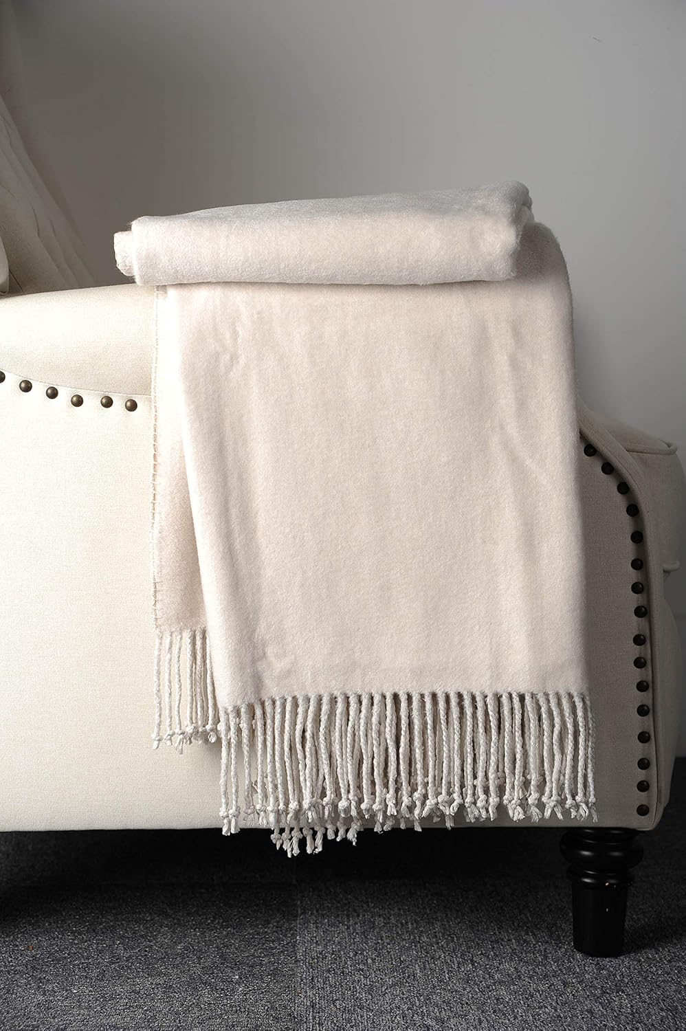 Mode Fringed Mulberry Silk Throw Blanket for Sofa Whisper White
