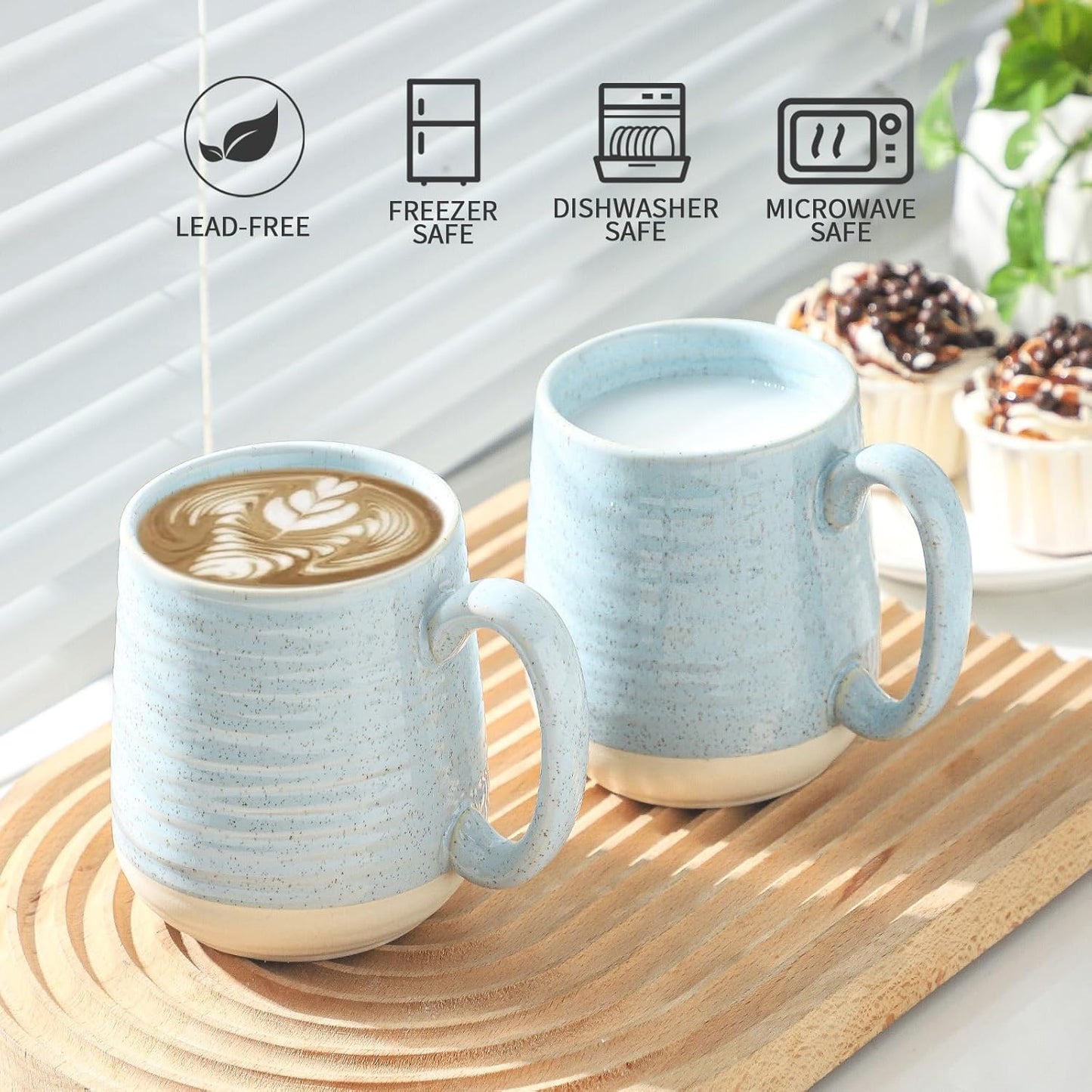 Porcelain Coffee Mugs Set of 6 15 Ounce Large Ceramic Coffee Cups with Handle for Latte, Tea, Cocoa & Hot Chocolate - Sky Blue Microwave Safe