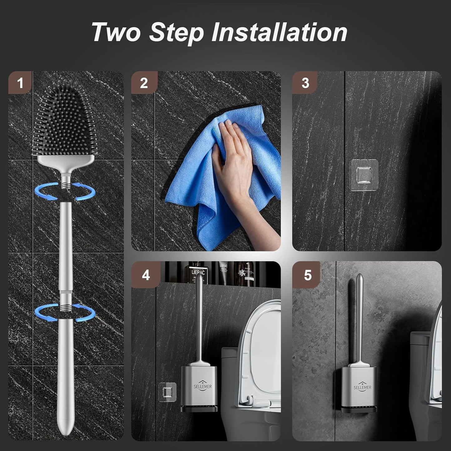 Toilet Brush and Holder Set - Flexible Toilet Bowl Brush Head with Silicone Bristles, Compact Size for Storage and Organization, 1 Pack in Silver