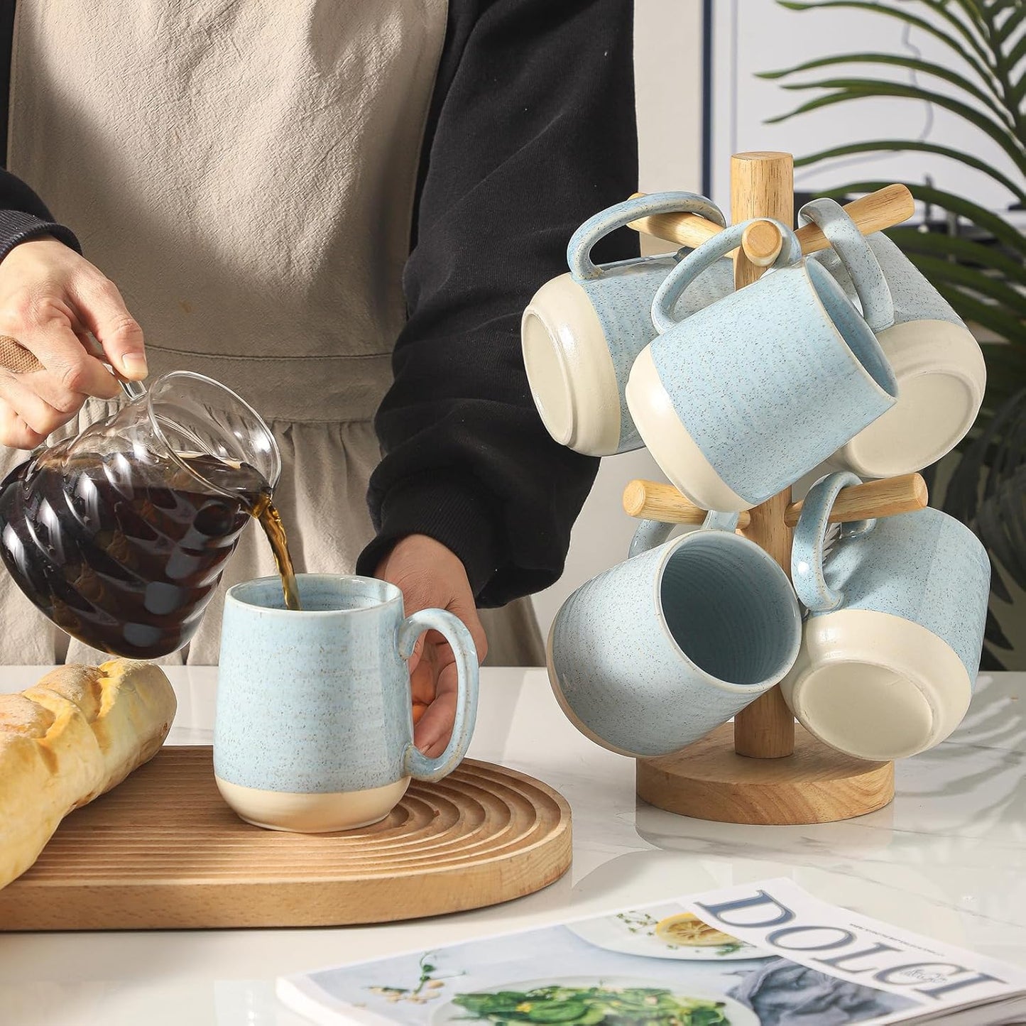 Porcelain Coffee Mugs Set of 6 15 Ounce Large Ceramic Coffee Cups with Handle for Latte, Tea, Cocoa & Hot Chocolate - Sky Blue Microwave Safe