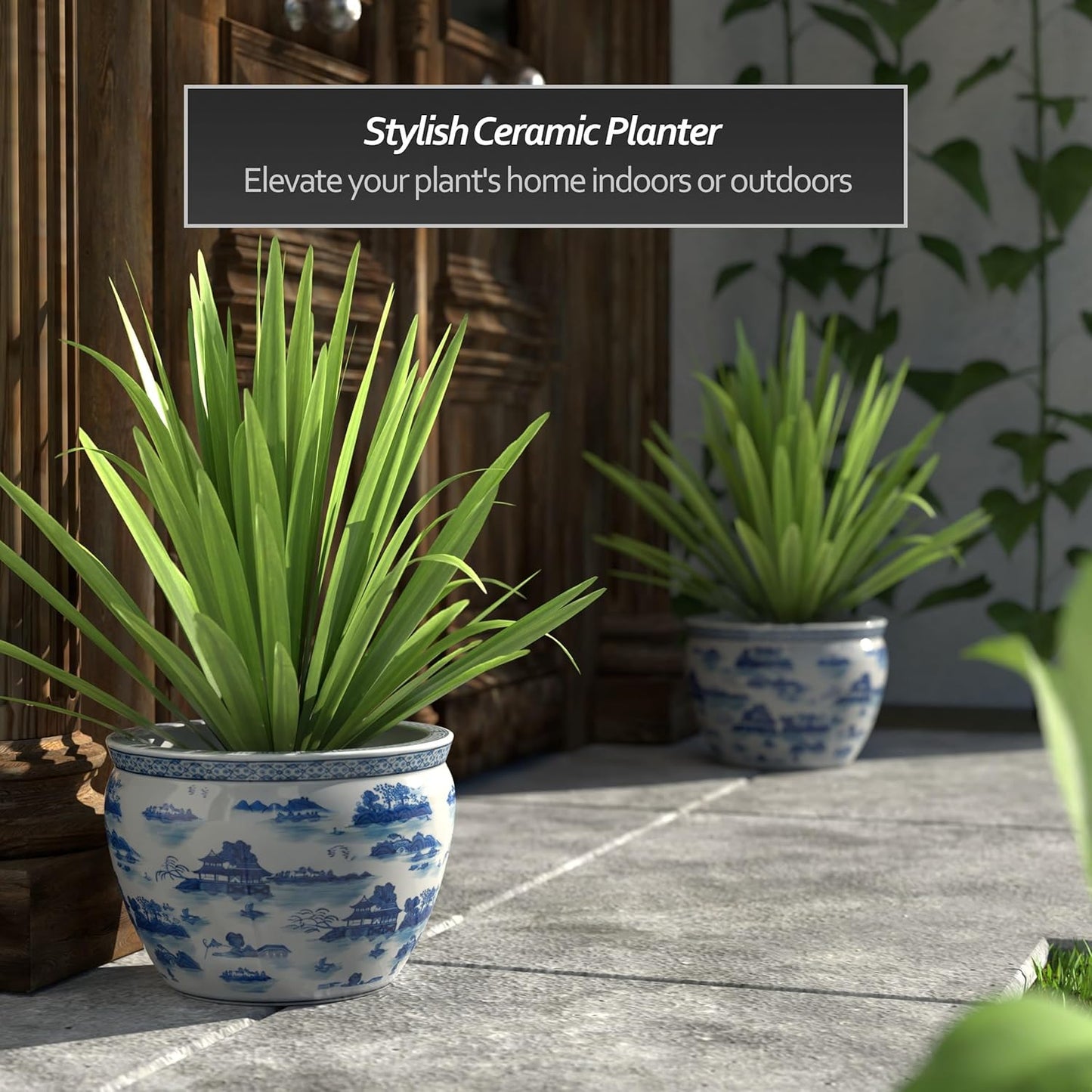 Chinese Vitreous Fishbowl Planter 12" Landscape Blue & White for Indoor/Outdoor Use in Garden Entryway, Living Room, Boho, Modern, Contemporary, Classic, Traditional Style Decor