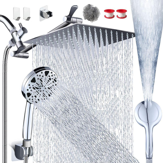 12''Rainfall Shower Head with Handheld Combo High Pressure 8+2 MODE built-in power wash, Stainless Steel Chrome Showerhead with 11'' Extension Arm Height/Angle Adjustable with Holder&60"Hose