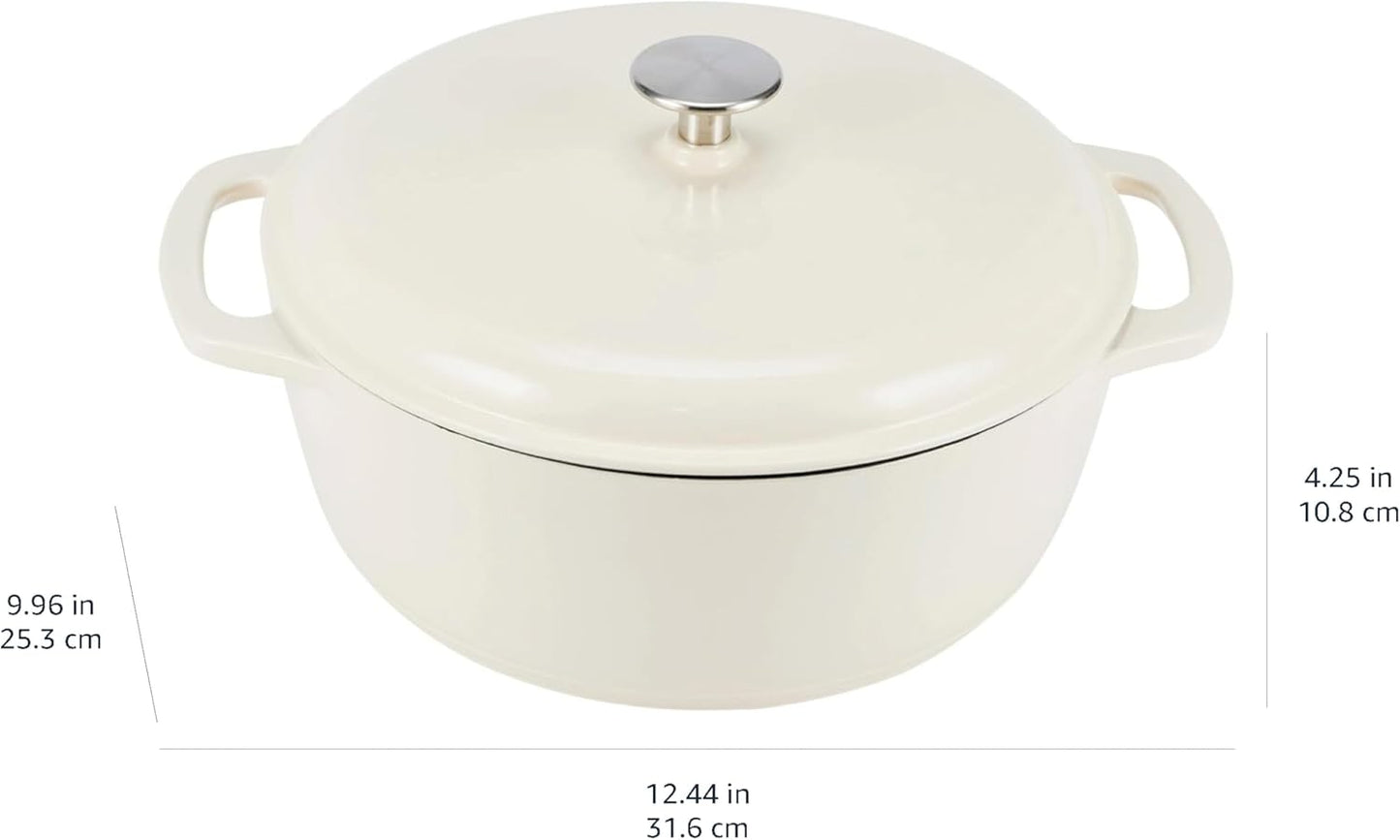 Iron Oven Pot with Lid, Enameled, Round, Dual Handles, Heavy-Duty, Small, 4.3-Quart, White