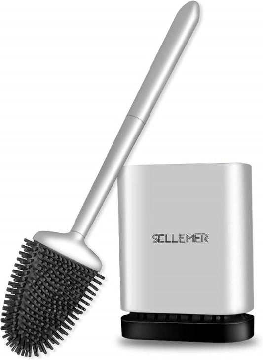 Toilet Brush and Holder Set - Flexible Toilet Bowl Brush Head with Silicone Bristles, Compact Size for Storage and Organization, 1 Pack in Silver