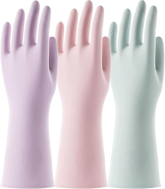3 Pairs Colorful Household Gloves with Cotton Liner & Non-slip Grip, Water Resistant Reusable Dish Washing Rubber Gloves for Kitchen & Bathroom Cleaning, Medium