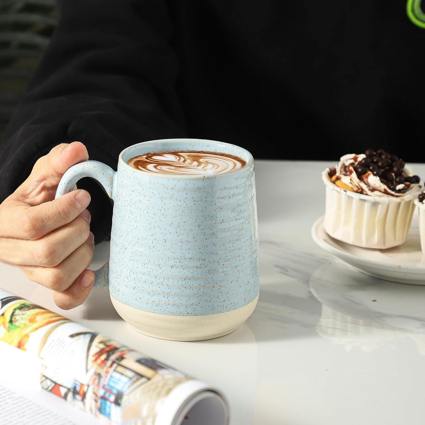 Porcelain Coffee Mugs Set of 6 15 Ounce Large Ceramic Coffee Cups with Handle for Latte, Tea, Cocoa & Hot Chocolate - Sky Blue Microwave Safe