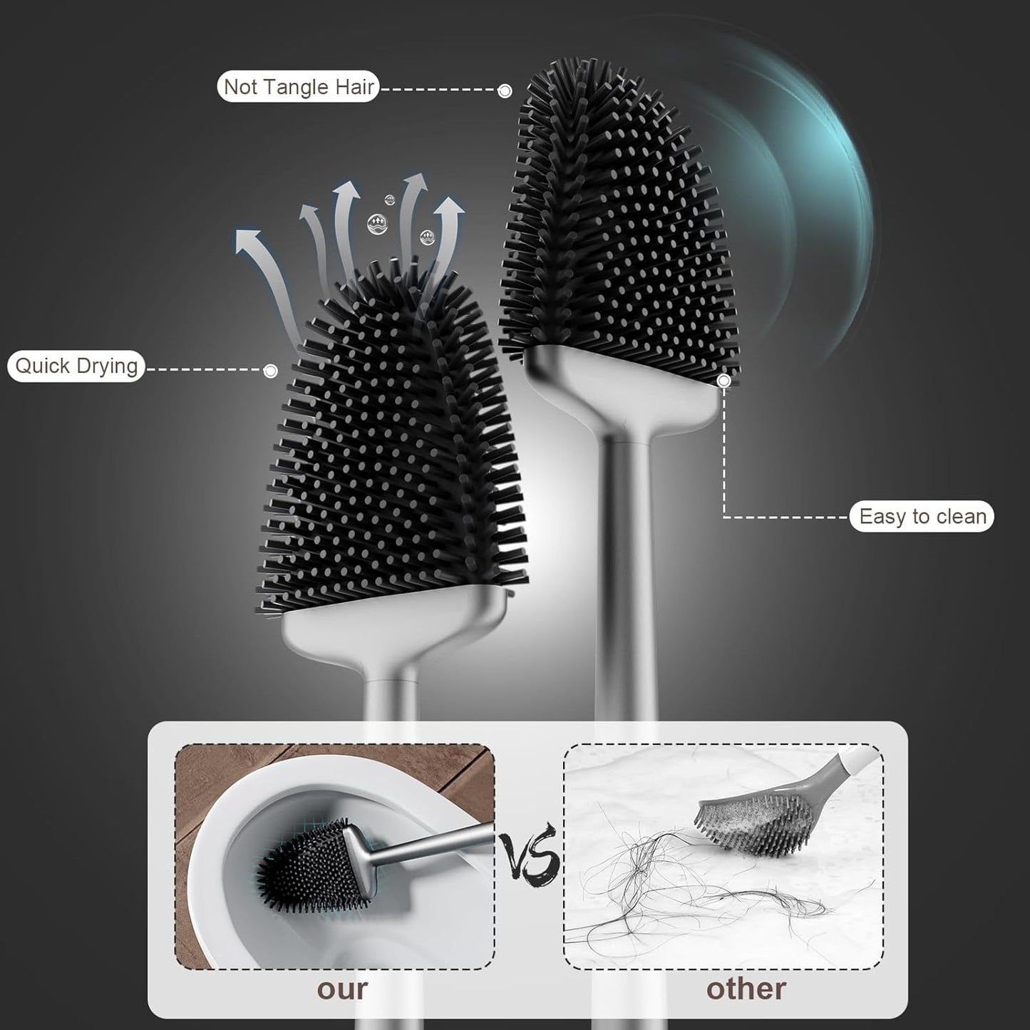 Toilet Brush and Holder Set - Flexible Toilet Bowl Brush Head with Silicone Bristles, Compact Size for Storage and Organization, 1 Pack in Silver