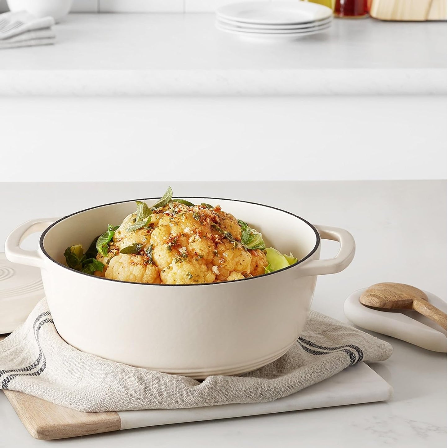 Iron Oven Pot with Lid, Enameled, Round, Dual Handles, Heavy-Duty, Small, 4.3-Quart, White
