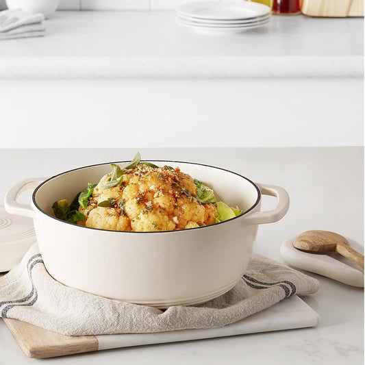 Iron Oven Pot with Lid, Enameled, Round, Dual Handles, Heavy-Duty, Small, 4.3-Quart, White