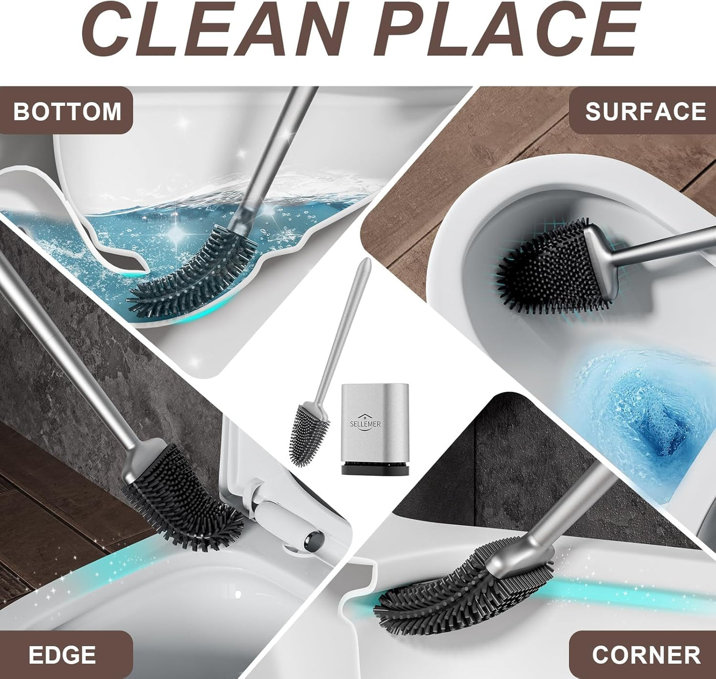 Toilet Brush and Holder Set - Flexible Toilet Bowl Brush Head with Silicone Bristles, Compact Size for Storage and Organization, 1 Pack in Silver