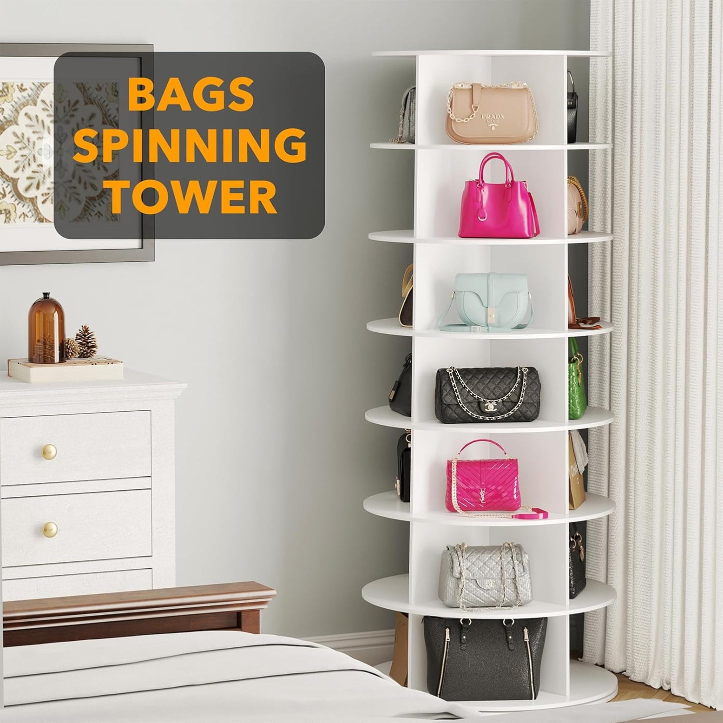 7 Tier Rotating Shoe Rack Tower Revolving 360 Storage Round Carousel with Spinning Shoe Display, Vertical Handbag for Organized Storage