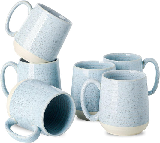 Porcelain Coffee Mugs Set of 6 15 Ounce Large Ceramic Coffee Cups with Handle for Latte, Tea, Cocoa & Hot Chocolate - Sky Blue Microwave Safe