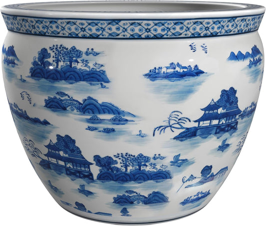 Chinese Vitreous Fishbowl Planter 12" Landscape Blue & White for Indoor/Outdoor Use in Garden Entryway, Living Room, Boho, Modern, Contemporary, Classic, Traditional Style Decor
