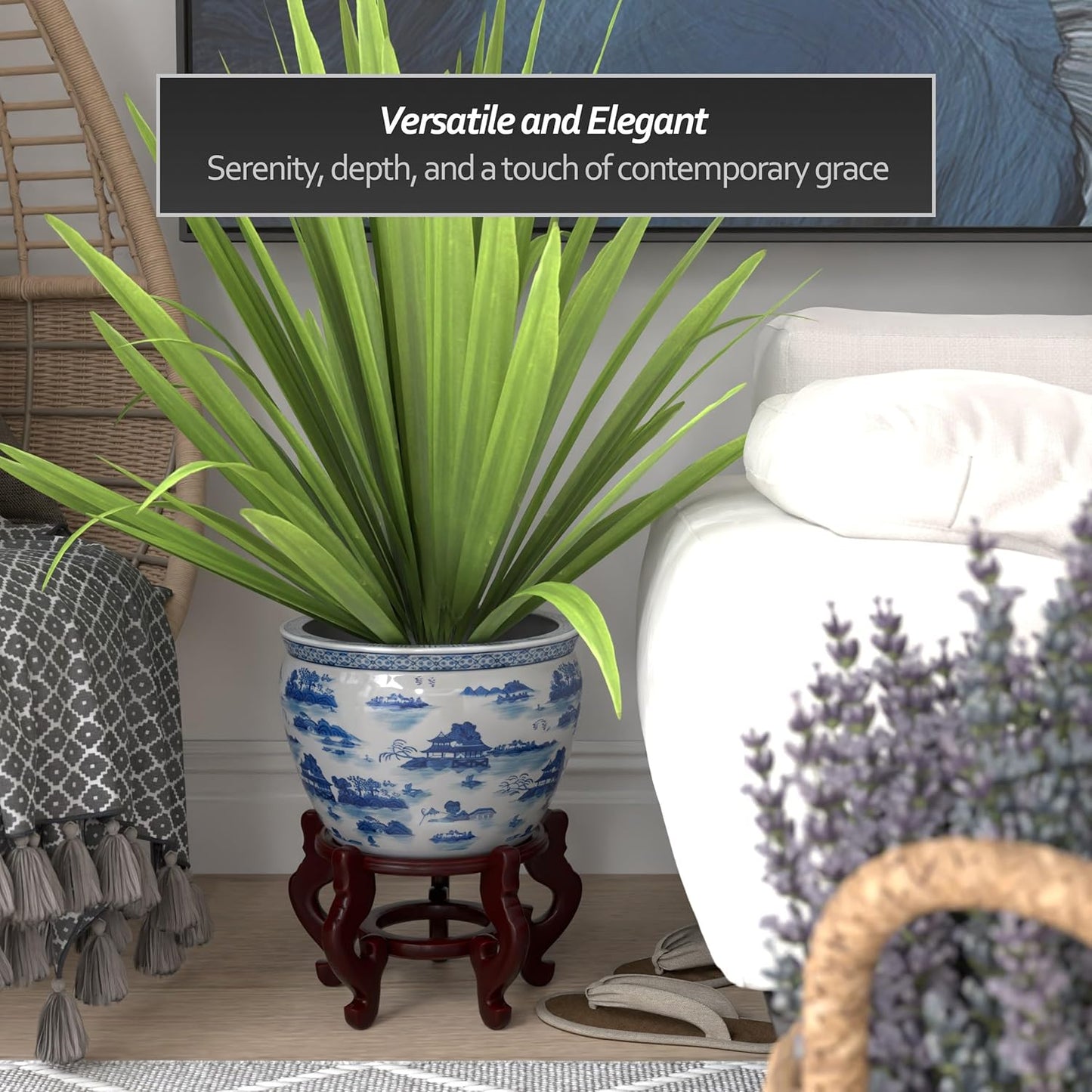 Chinese Vitreous Fishbowl Planter 12" Landscape Blue & White for Indoor/Outdoor Use in Garden Entryway, Living Room, Boho, Modern, Contemporary, Classic, Traditional Style Decor