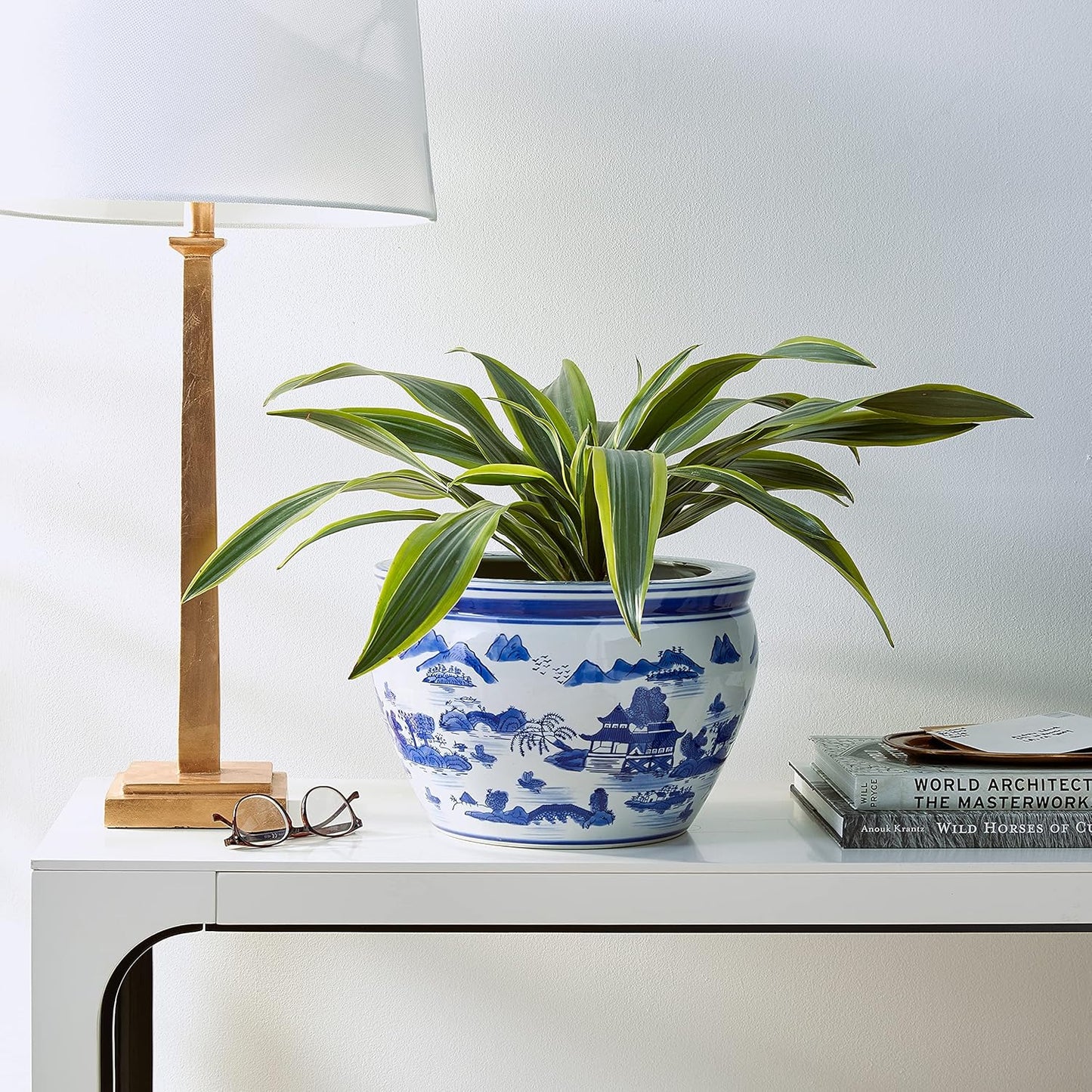 Chinese Vitreous Fishbowl Planter 12" Landscape Blue & White for Indoor/Outdoor Use in Garden Entryway, Living Room, Boho, Modern, Contemporary, Classic, Traditional Style Decor