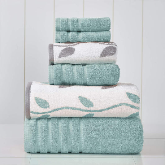 6-Piece Yarn Dyed Towel Set Organic Vines Blue - Bath Towels, Hand Towels, & Washcloths - Super Absorbent & Quick Dry - 100% Combed Cotton