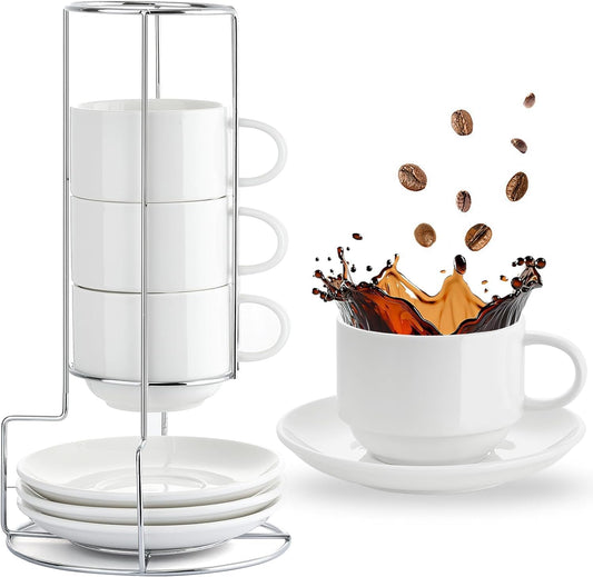 8 Ounce Porcelain Cappuccino Cups with Saucers and Metal Stand, Stackable Coffee Cups for Specialty Coffee Drinks, Cappuccino, Latte, Espresso, Americano and Tea - White Cups Set of 4
