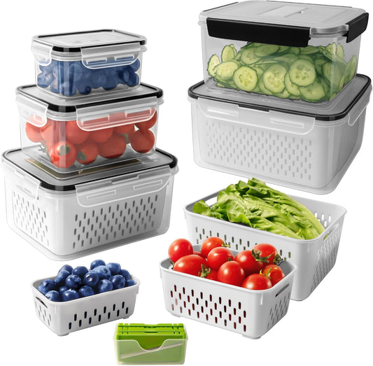 5 PCS Large Fruit Containers for Fridge - Leakproof Food Storage Containers with Removable Colander - Dishwasher & microwave safe Produce Containers Keep Fruits, V