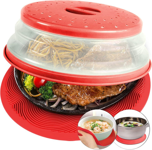 2 in 1 Microwave Place Mat & Food Cover- Mat as Bowl Holder, for Splatter Guard, Multi-use: Silicone Trivet, Pot Holders, Drying, Baking, Utensils Rest for Kitchen Counter, Grey