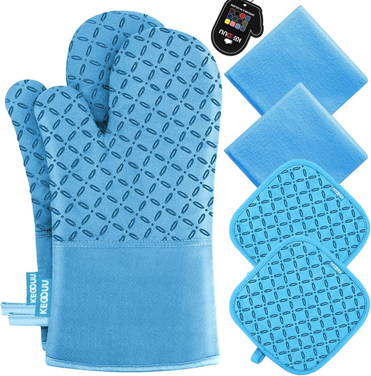 Oven Mitts and Pot Holders 6pcs Set, Kitchen Oven Glove High Heat Resistant 500 Degree Extra Long Oven Mitts and Potholder with Non-Slip Silicone Surface for Cooking (Grey)
