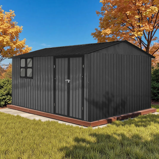 10' x 8' Large Outdoor Storage Shed, Sturdy Metal Building w/Windows & Lockable Doors for Garden, Backyard, Poolside and Lawn, Grey